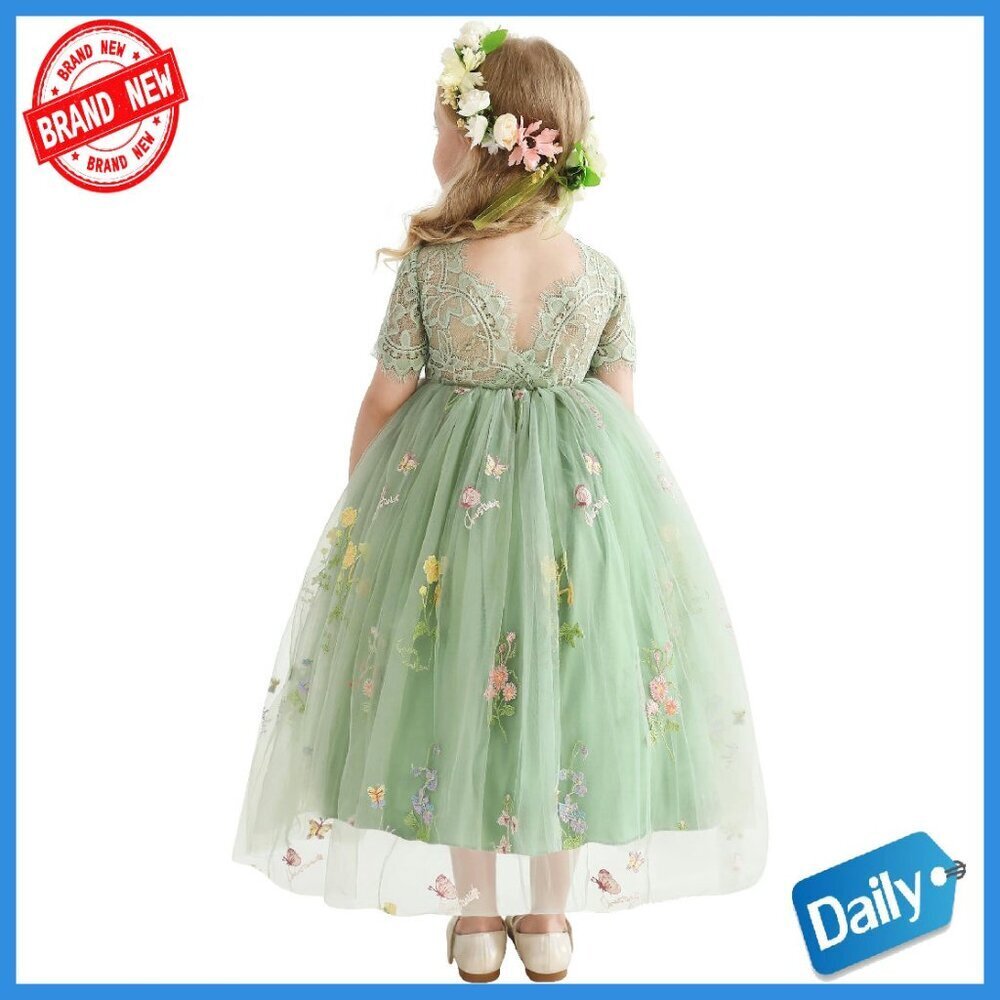 Toddler Flower Girl Dress Lace Back V-Neck Tulle Tutu Full Length